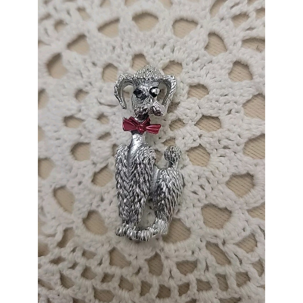 Vintage Toy Poodle Pin Brooch Silver with Red Bow 1950's Hat Lapel Decor 1"